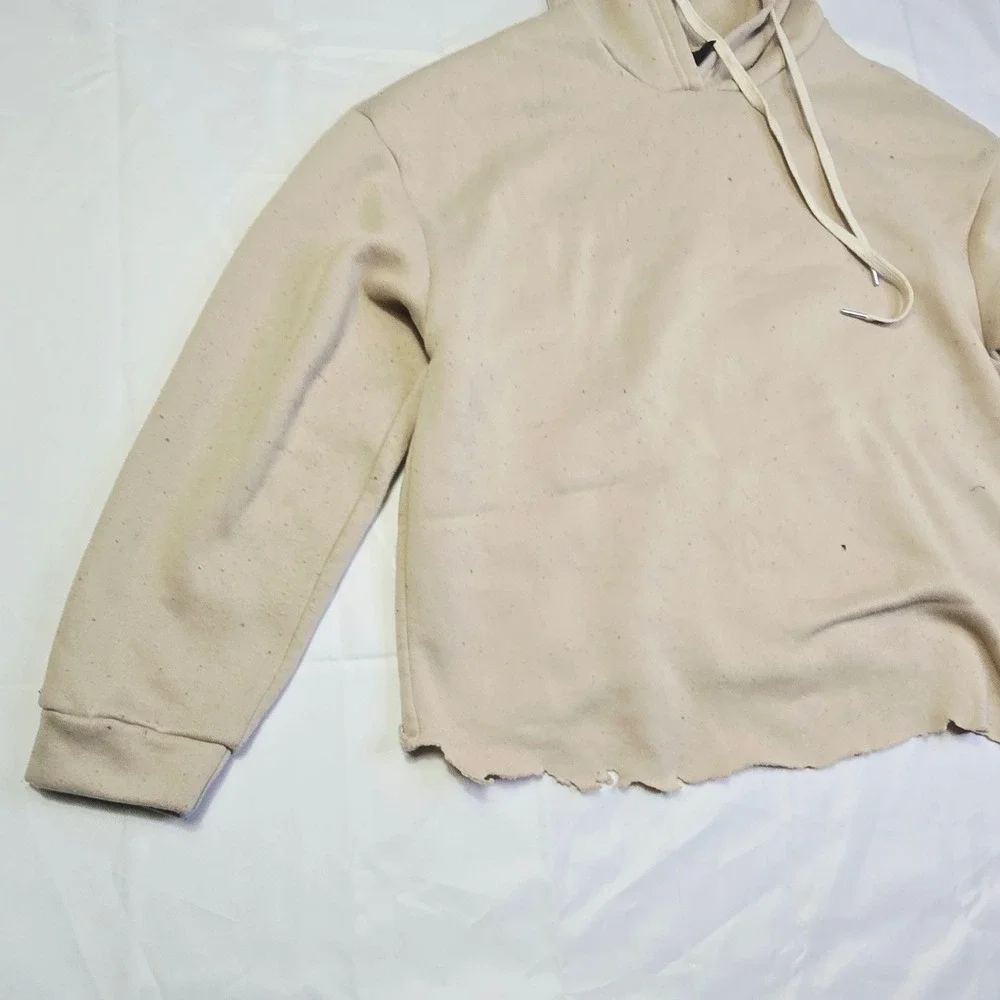 Men's Love Never Fails Fleece Hoodie Size M Beige Distressed Raw Hem T3